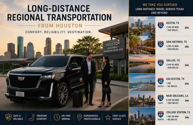 Luxury Cadillac Escalade with LR logo plate representing long-distance regional transportation from Houston to major Texas and Southern destinations.